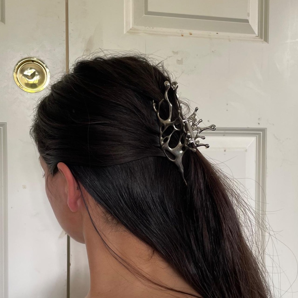 Silver Metallic Butterfly Hair Claw Clip Cyber Futuristic Liquid Metal Accessory